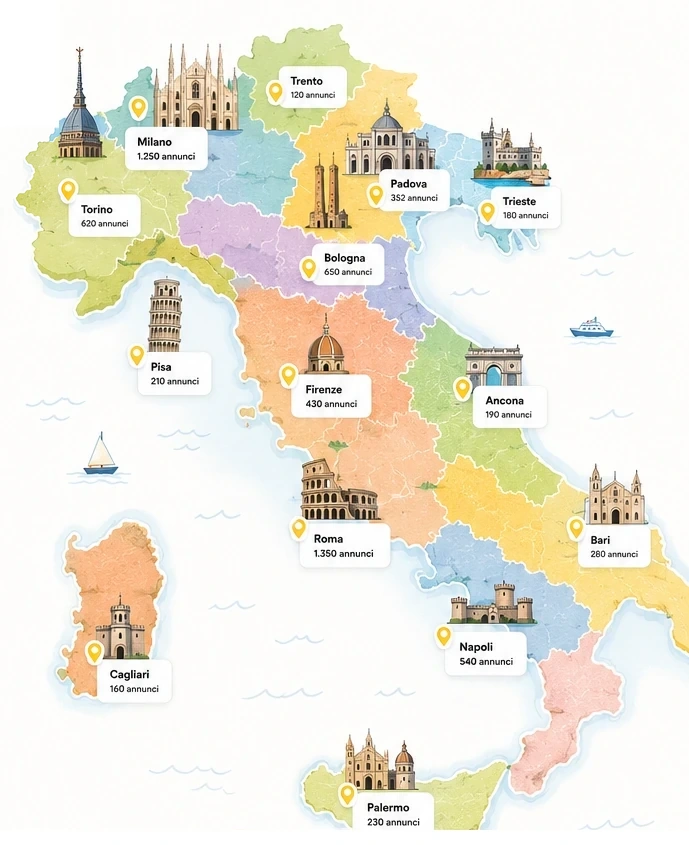 Mappa illustrata dell’Italia con città universitarie e monumenti